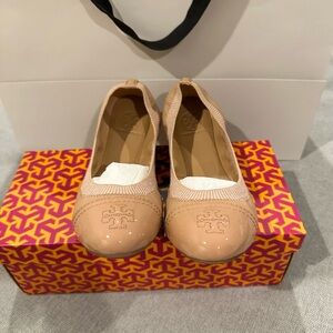 Moving sale. Tory Burch Blush Patent Leather Logo Ballet Flats